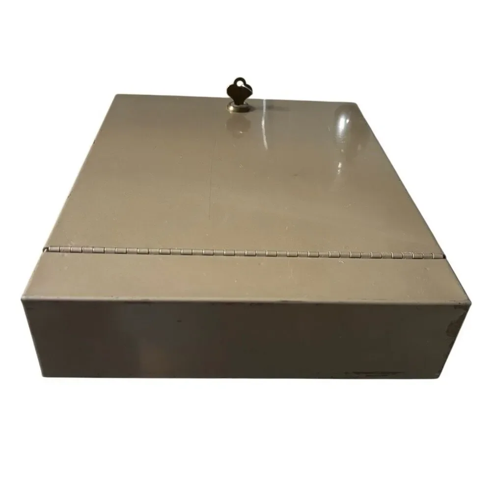 Vintage Heavy Duty Metal Lock Box Cash Document Security Safe Tan Beige 12x9.5